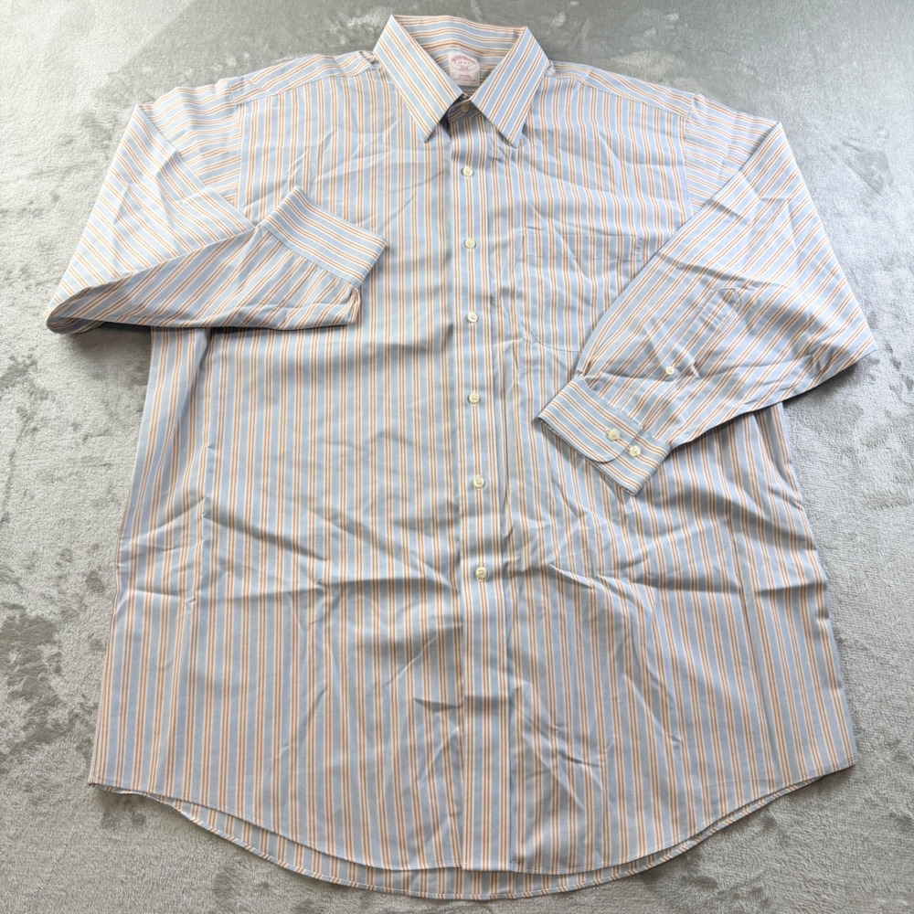 Brooks Brothers 346 Blue Orange Striped Non-Iron Cotton Dress Shirt Men's 17-2/3
